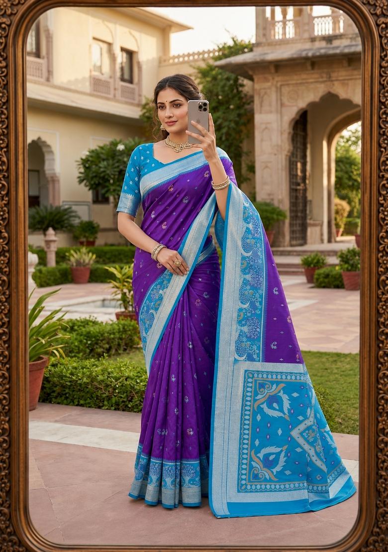 Purple Woven Design Silk Saree Set - Indya