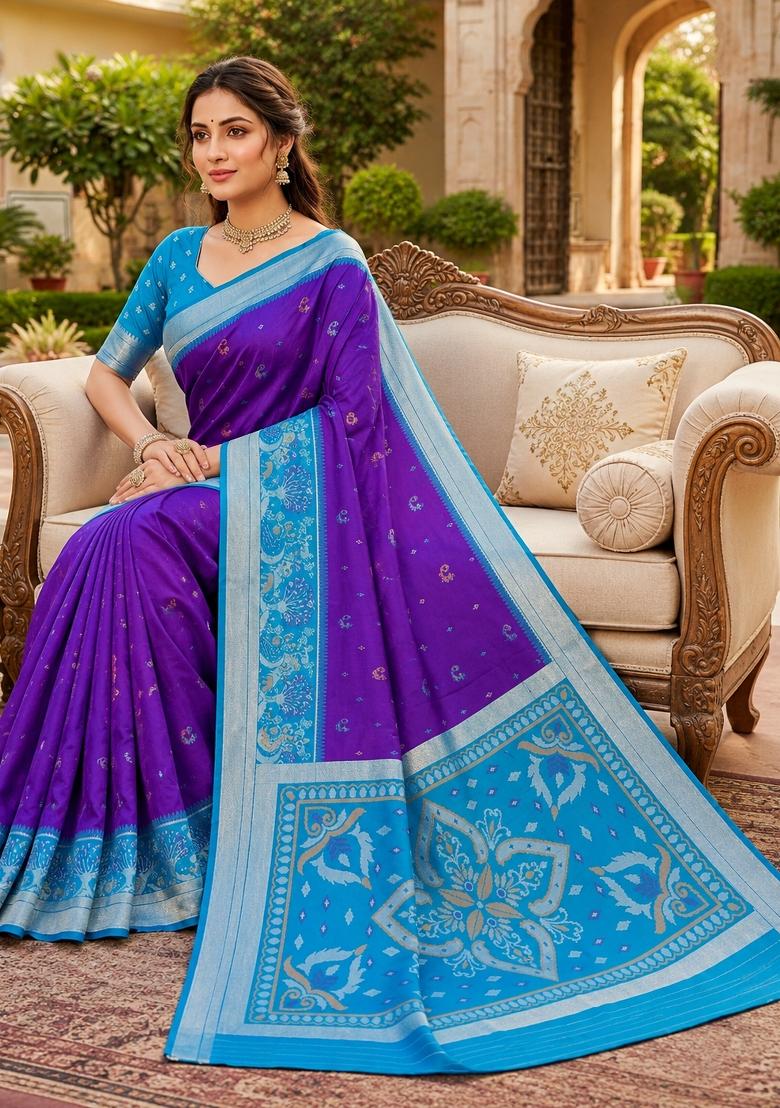 Purple Woven Design Silk Saree Set - Indya