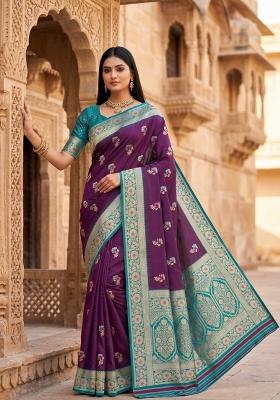 Wine Woven Design Banarasi Saree Set