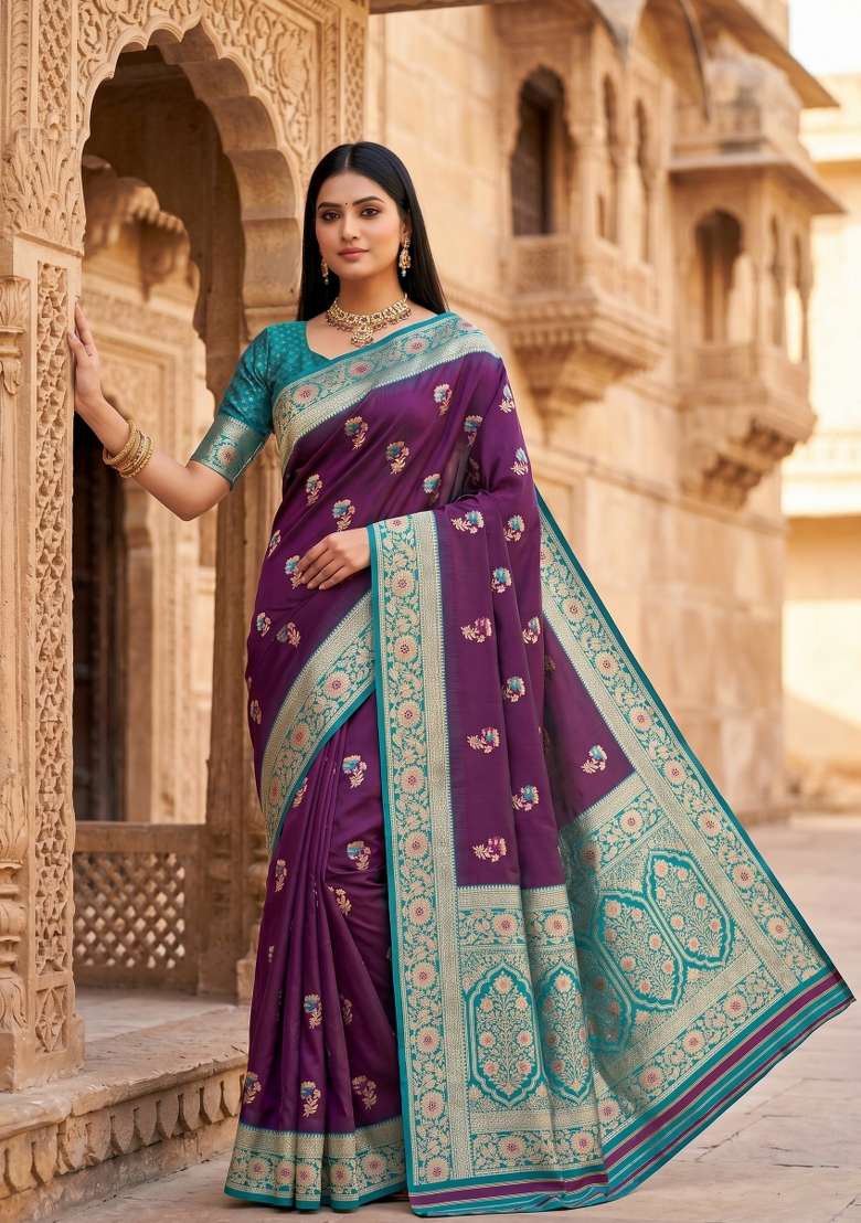 Wine Woven Design Banarasi Saree Set for Diwali | Wedding & Festive Wear - Indya