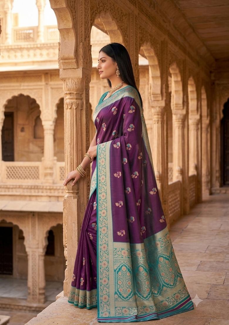 Wine Woven Design Banarasi Saree Set - Indya