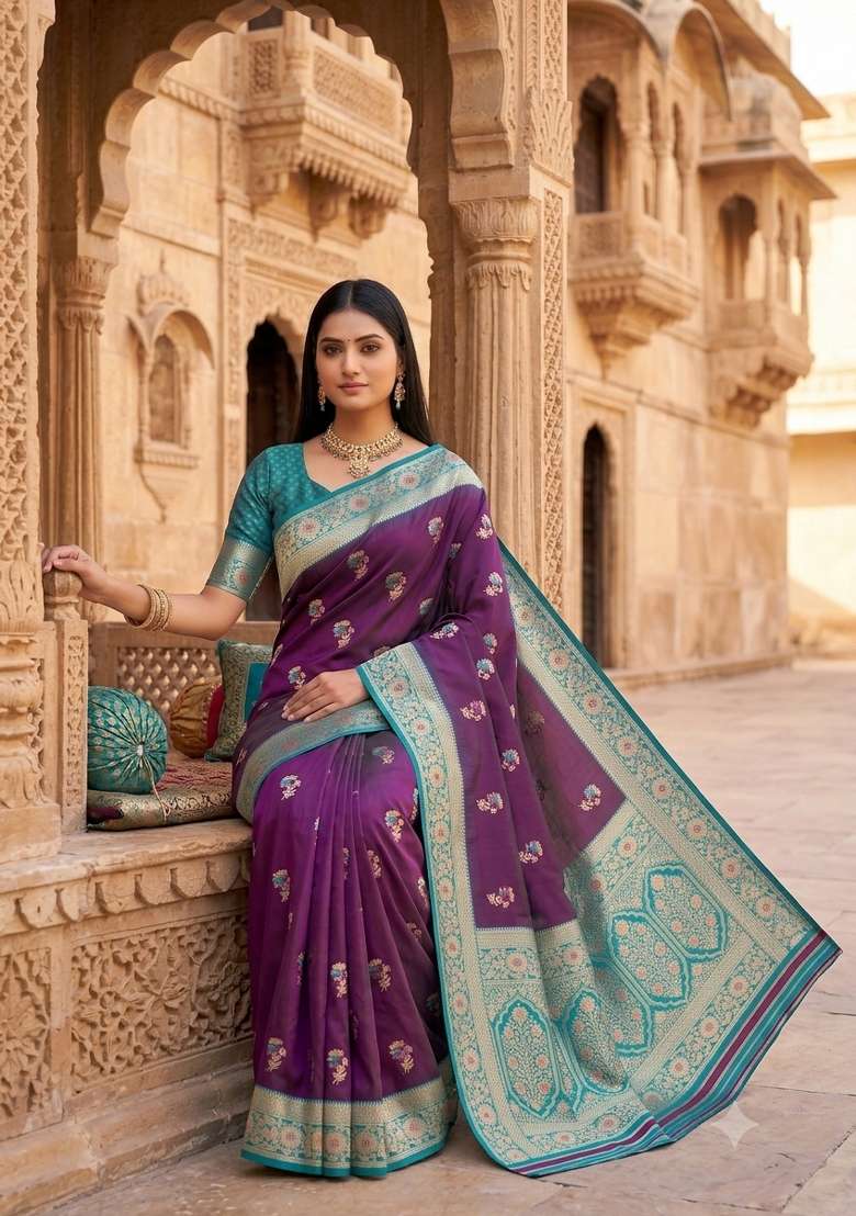 Wine Woven Design Banarasi Saree Set for Diwali | Wedding & Festive Wear - Indya