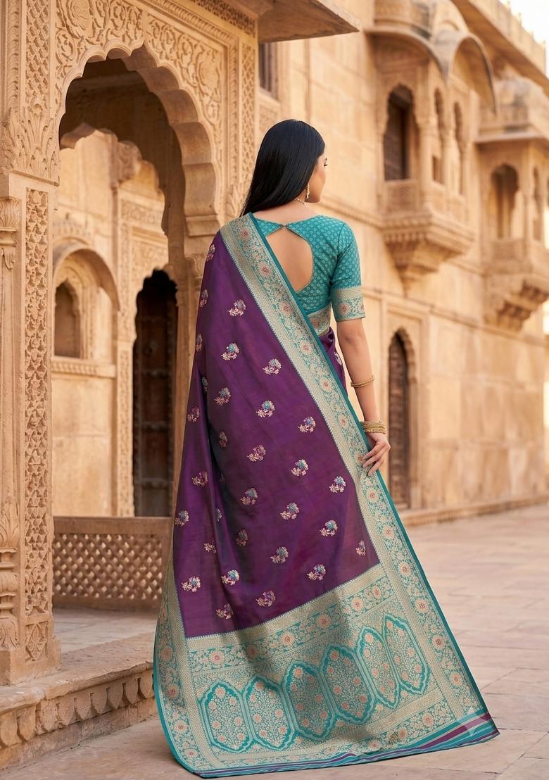 Wine Woven Design Banarasi Saree Set - Indya