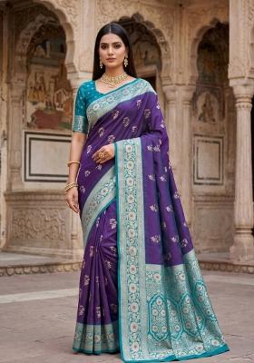 Purple Woven Design Banarasi Saree Set