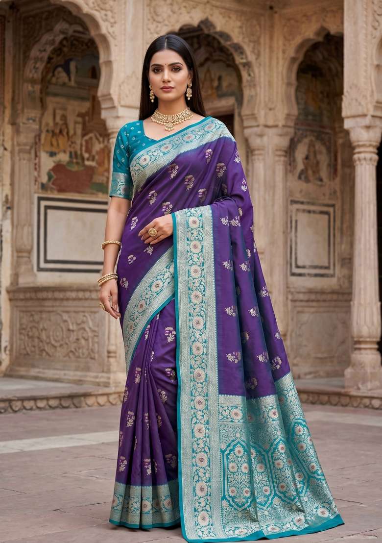 Purple Woven Design Banarasi Saree Set for Diwali and Festive Wear - Indya