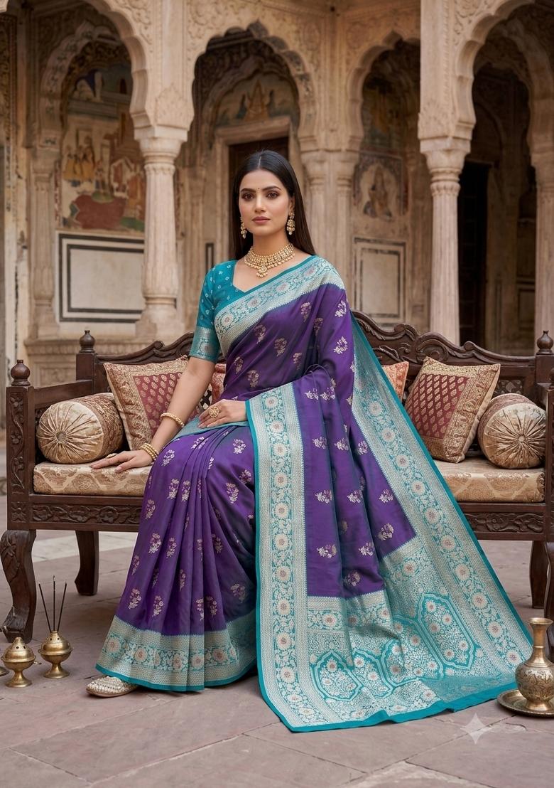 Purple Woven Design Banarasi Saree Set - Indya