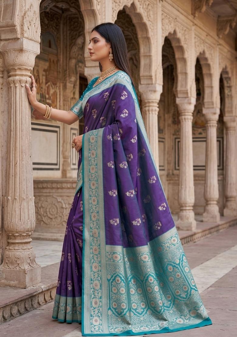 Purple Woven Design Banarasi Saree Set - Indya