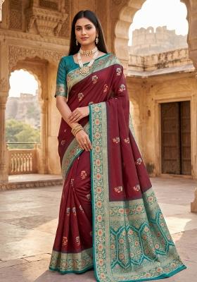 Maroon Woven Design Banarasi Saree Set