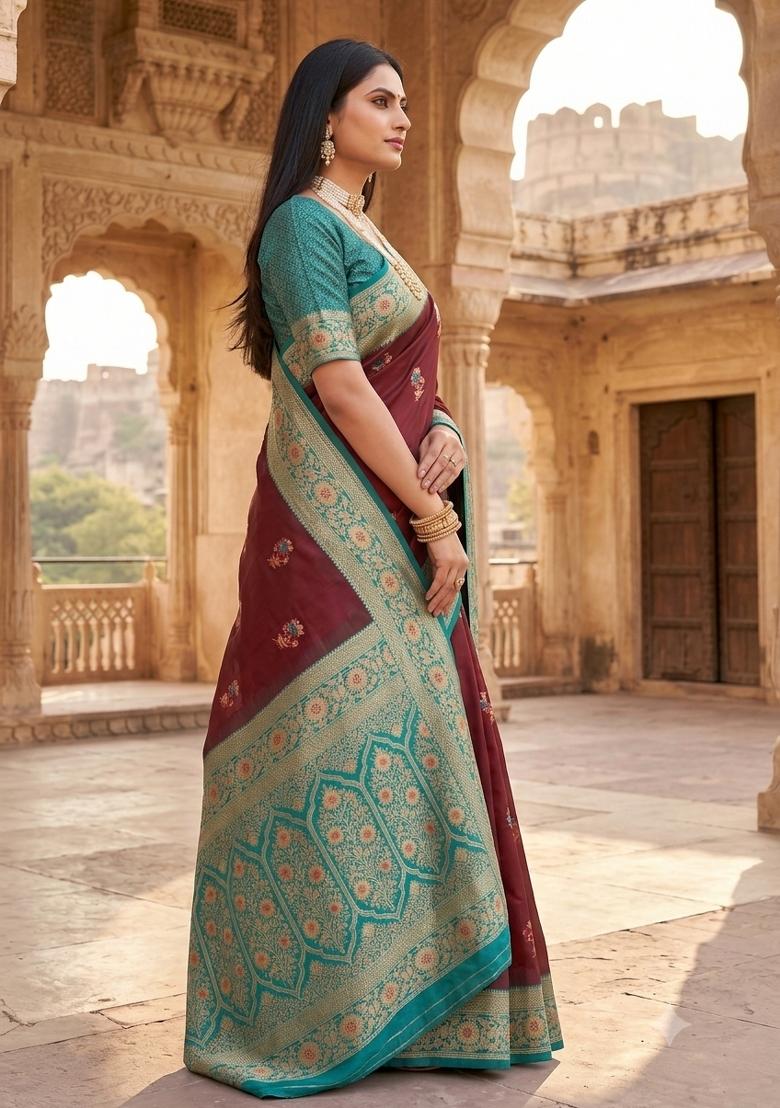 Maroon Woven Design Banarasi Saree Set - Indya