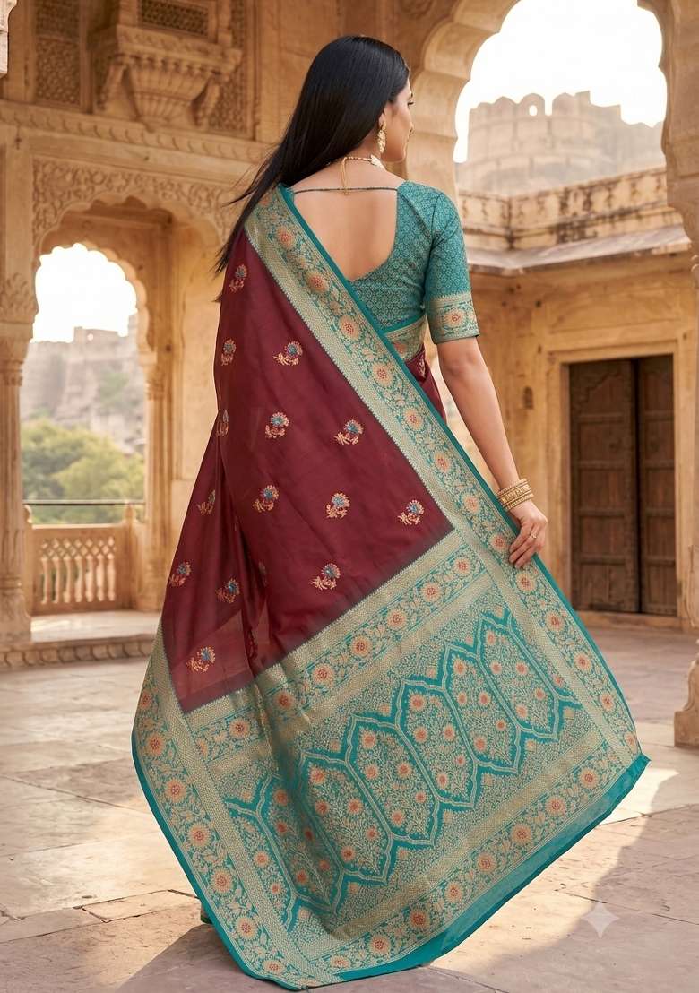 Maroon Woven Design Banarasi Saree Set for Diwali and Festive Wear - Indya