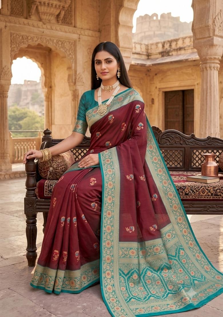 Maroon Woven Design Banarasi Saree Set - Indya