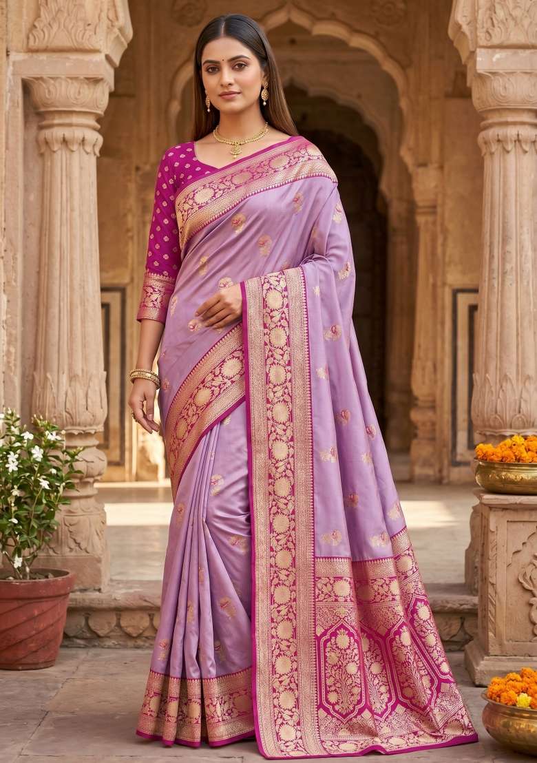 Lavender Woven Design Banarasi Saree Set for Diwali | Wedding & Festive Wear - Indya