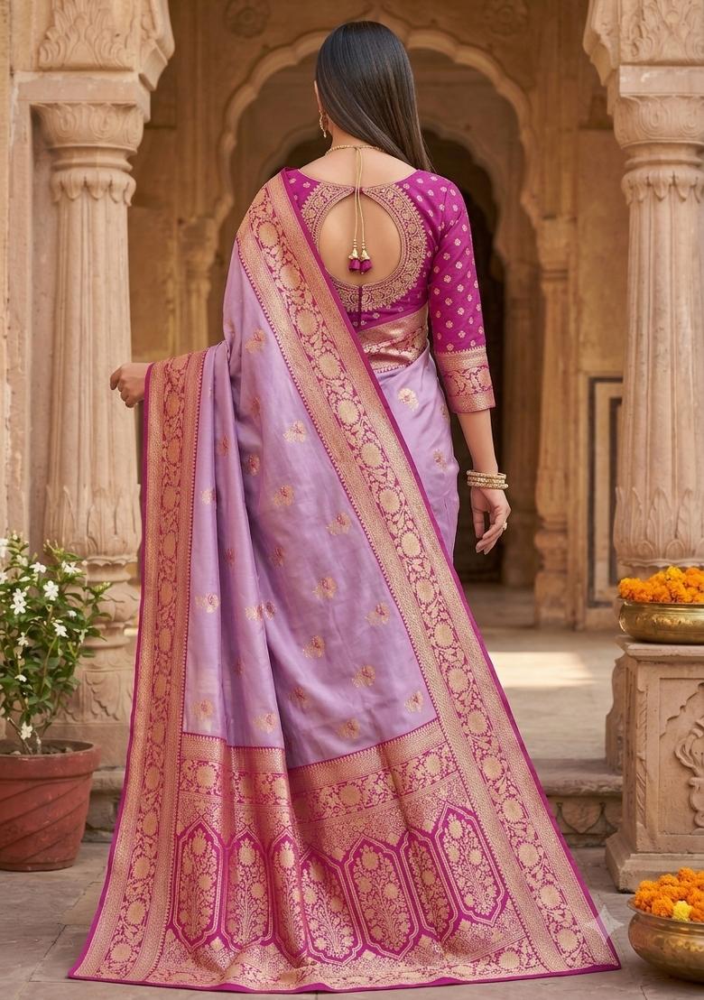 Lavender Woven Design Banarasi Saree Set - Indya