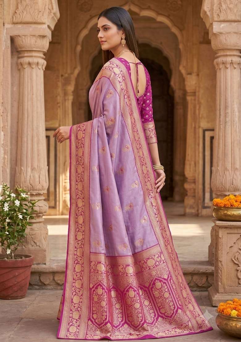 Lavender Woven Design Banarasi Saree Set for Diwali | Wedding & Festive Wear - Indya