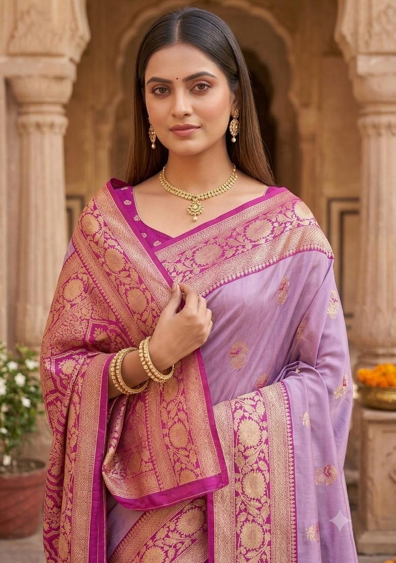 Lavender Woven Design Banarasi Saree Set - Indya