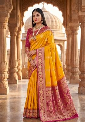 Yellow Woven Design Banarasi Saree Set