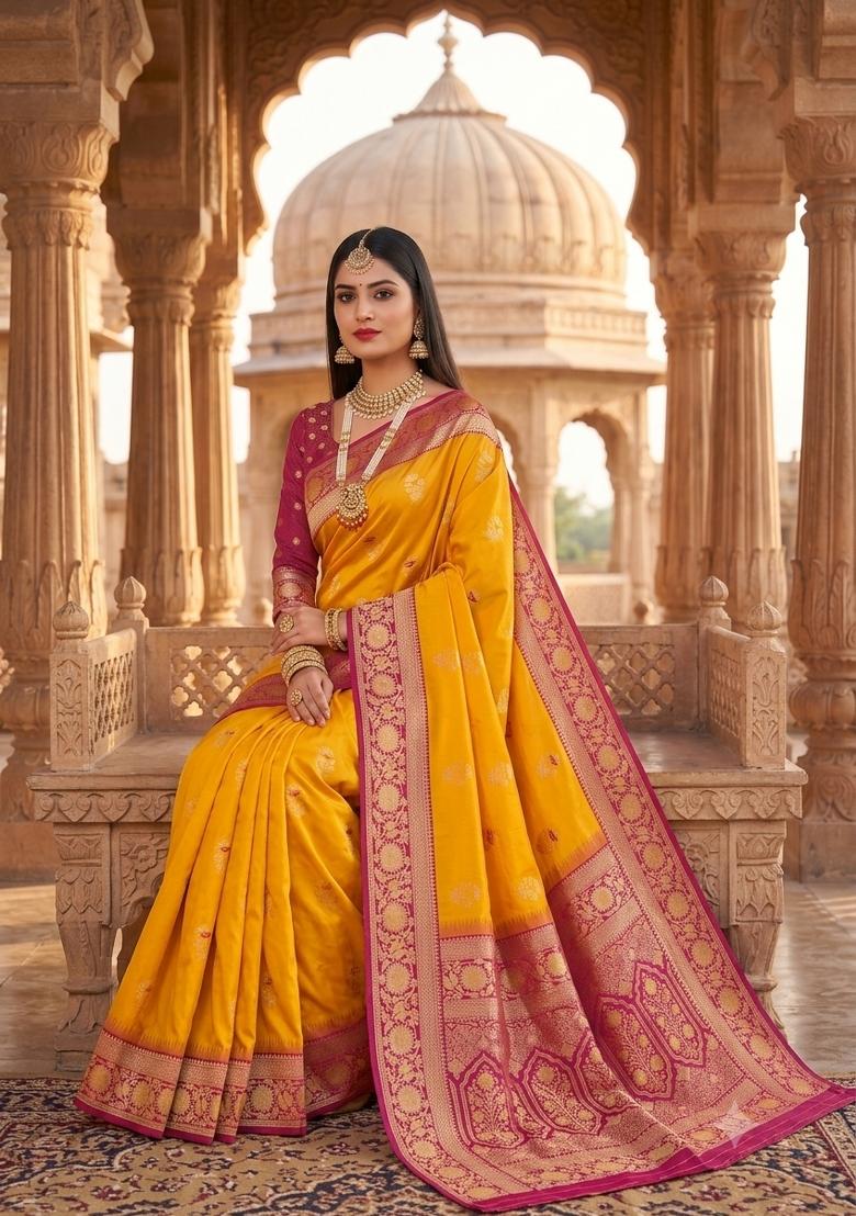 Yellow Woven Design Banarasi Saree Set - Indya