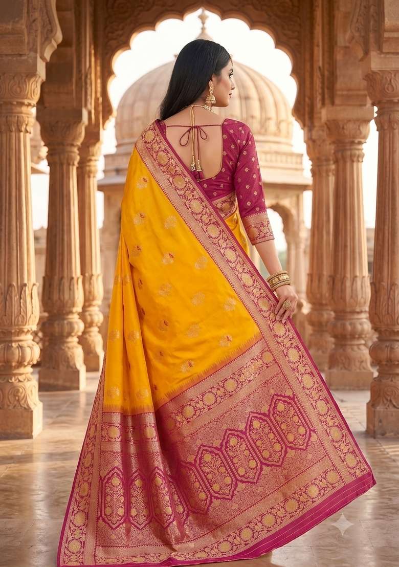 Yellow Woven Design Banarasi Saree Set for Diwali and Festive Wear - Indya