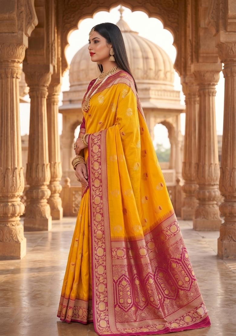 Yellow Woven Design Banarasi Saree Set - Indya