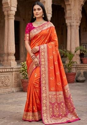 Orange Woven Design Banarasi Saree Set