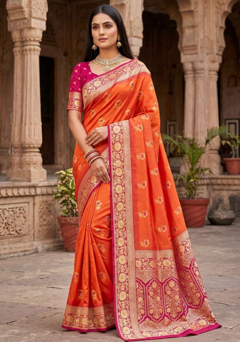 Orange Woven Design Banarasi Saree Set for Diwali and Festive Wear - Indya