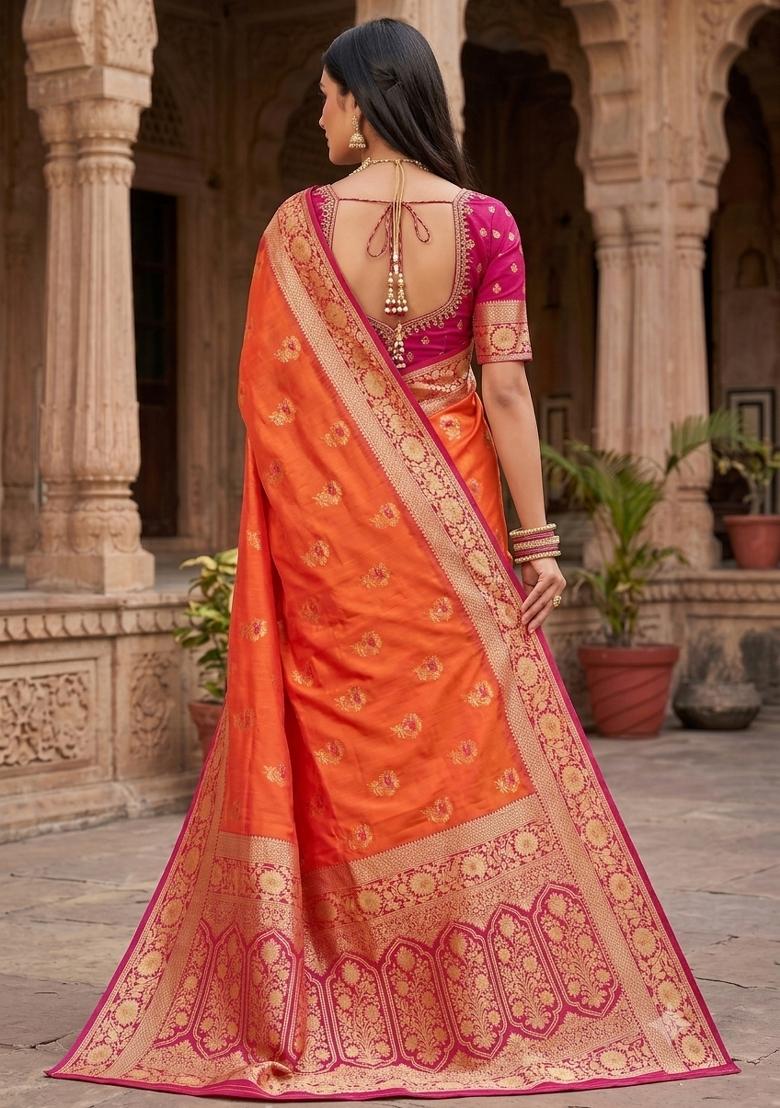 Orange Woven Design Banarasi Saree Set - Indya