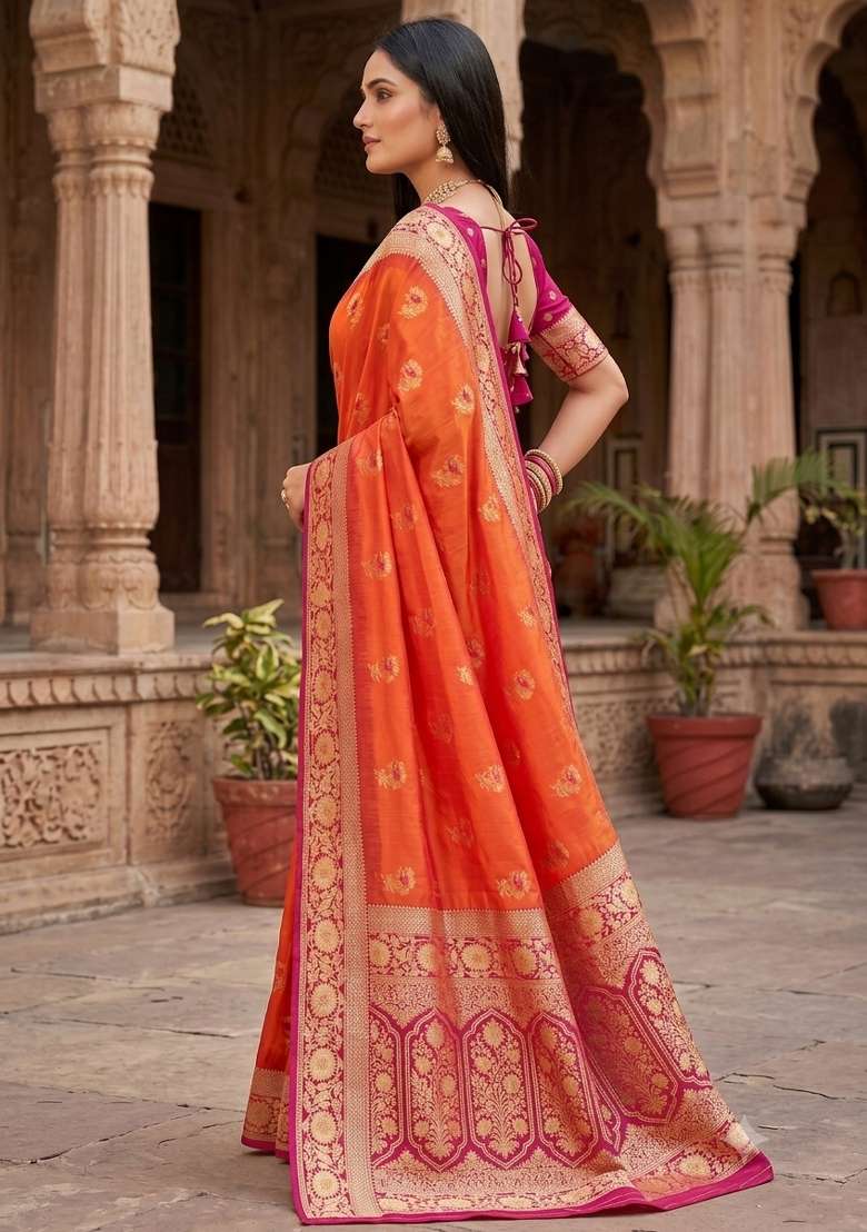 Orange Woven Design Banarasi Saree Set for Diwali and Festive Wear - Indya