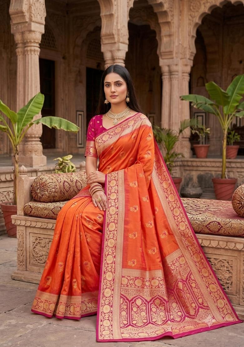 Orange Woven Design Banarasi Saree Set - Indya