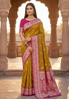Mustard Woven Design Banarasi Saree Set