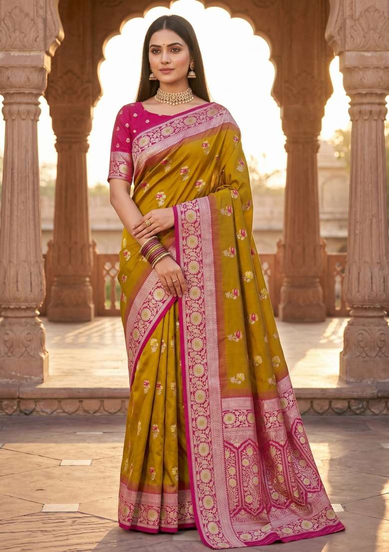 Mustard Woven Design Banarasi Saree Set for Diwali | Wedding & Festive Wear - Indya