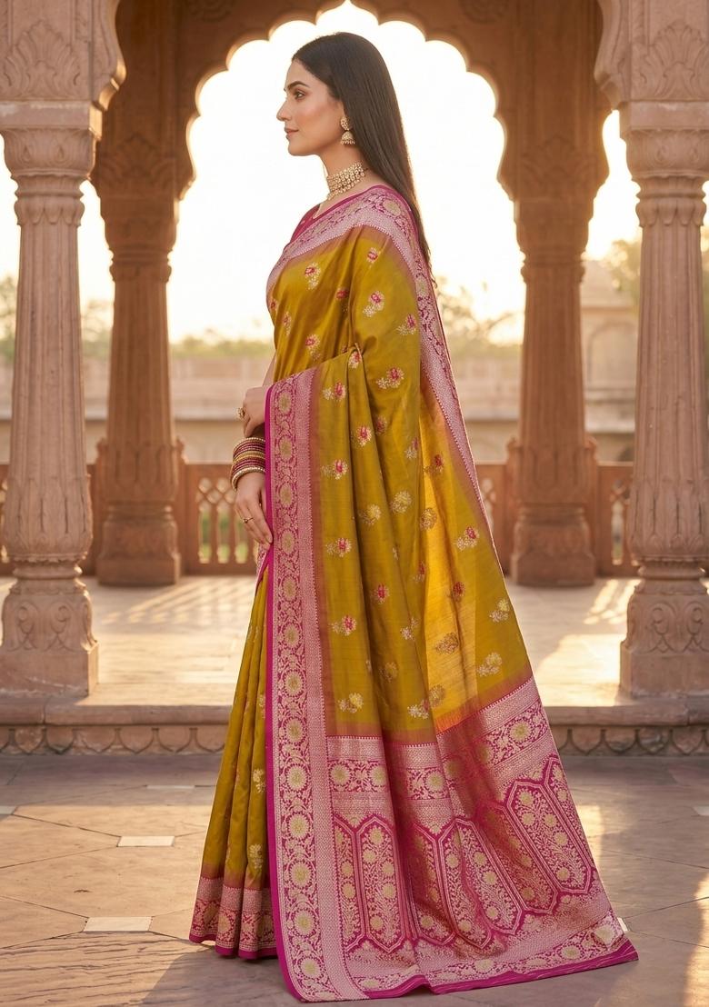 Mustard Woven Design Banarasi Saree Set - Indya