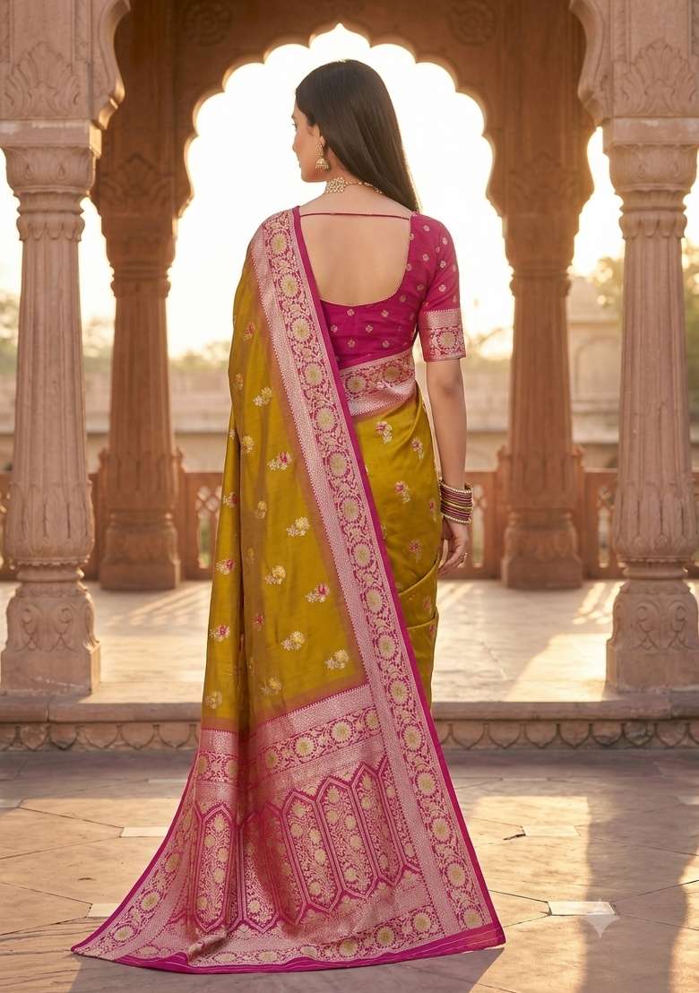 Mustard Woven Design Banarasi Saree Set for Diwali | Wedding & Festive Wear - Indya