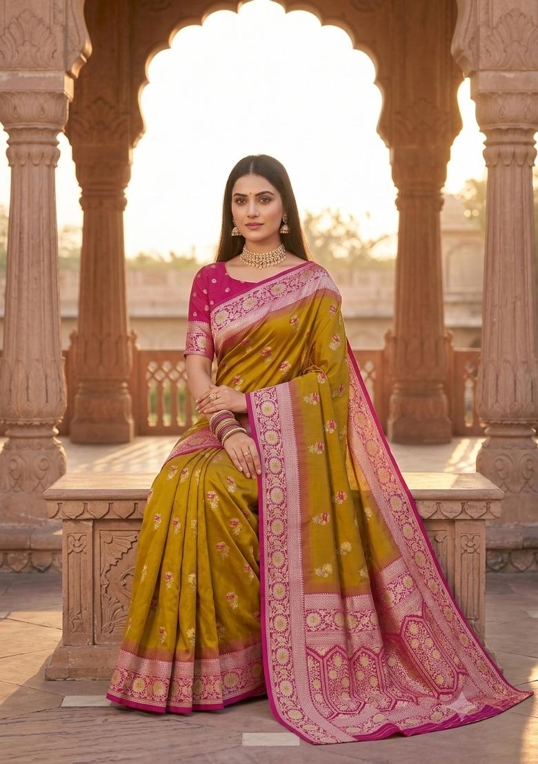 Mustard Woven Design Banarasi Saree Set - Indya