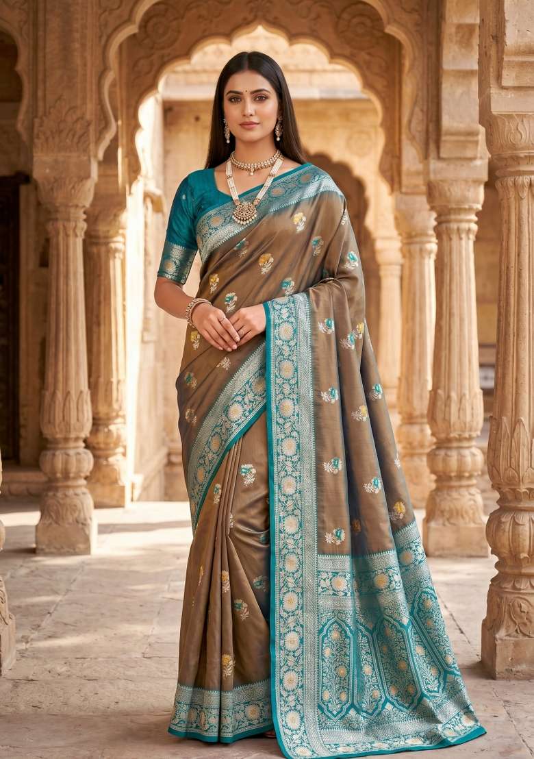 Tan Woven Design Banarasi Saree Set for Diwali and Festive Wear - Indya