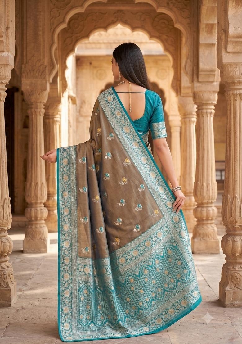 Tan Woven Design Banarasi Saree Set - Indya