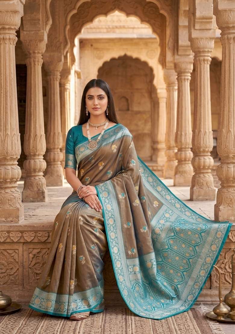 Tan Woven Design Banarasi Saree Set for Diwali and Festive Wear - Indya