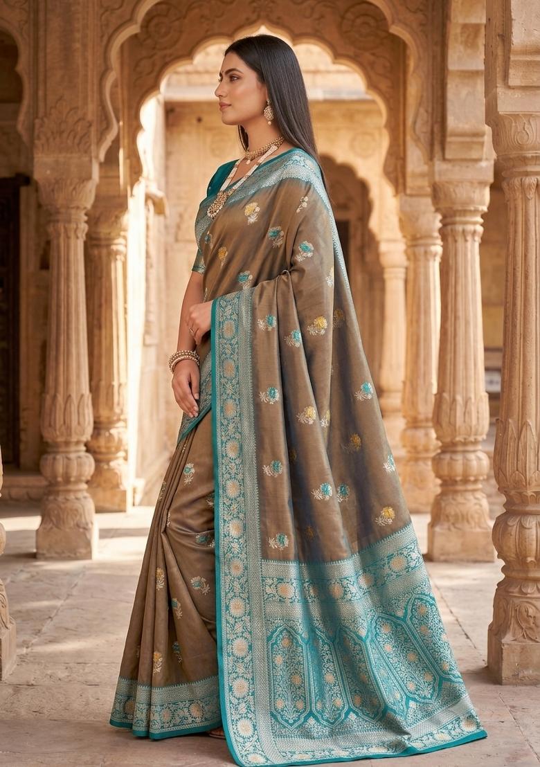 Tan Woven Design Banarasi Saree Set - Indya