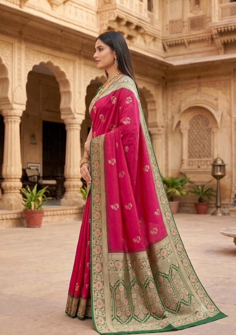 Pink Woven Design Banarasi Saree Set - Indya