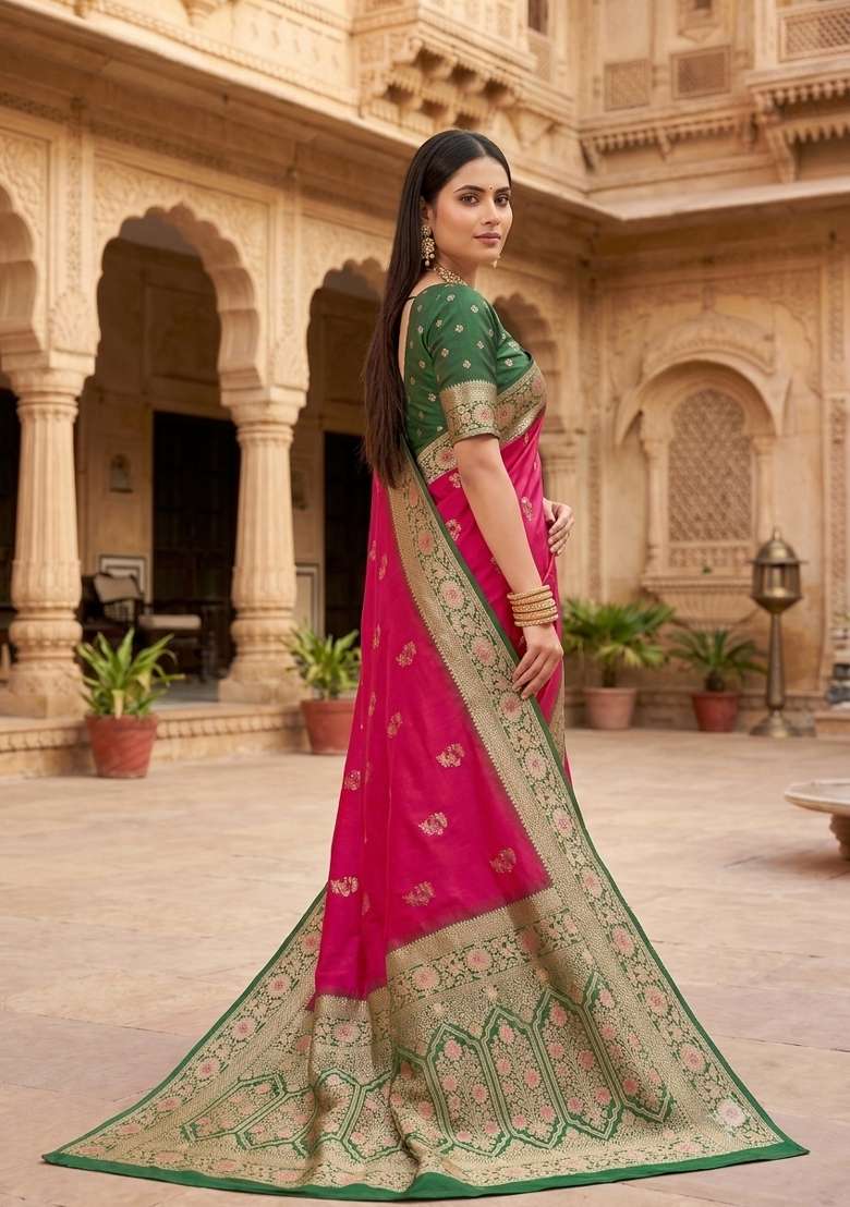 Pink Woven Design Banarasi Saree Set for Diwali | Wedding & Festive Wear - Indya