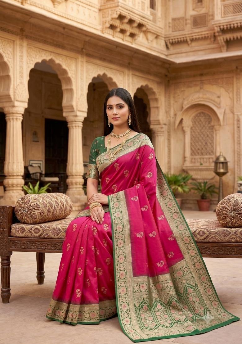 Pink Woven Design Banarasi Saree Set - Indya