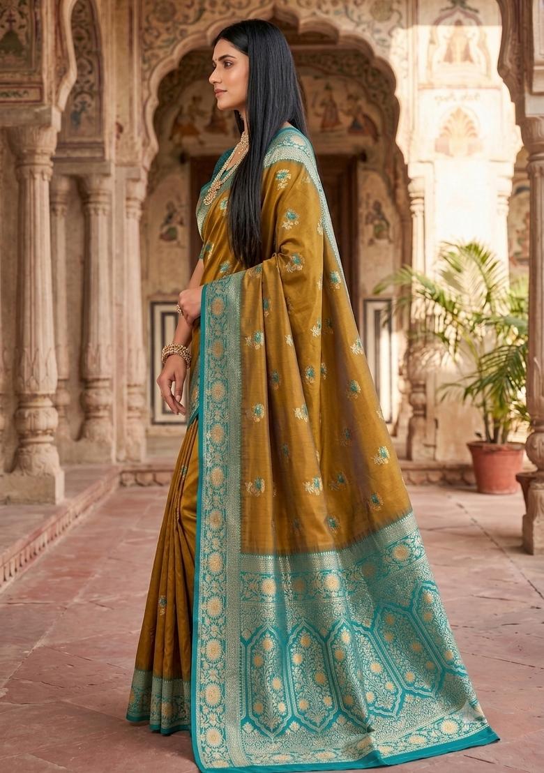 Mustard Woven Design Banarasi Saree Set - Indya