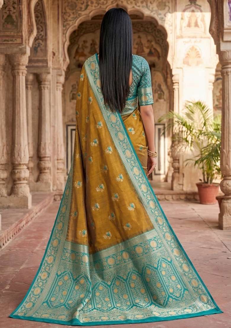 Mustard Woven Design Banarasi Saree Set for Diwali | Wedding & Festive Wear - Indya