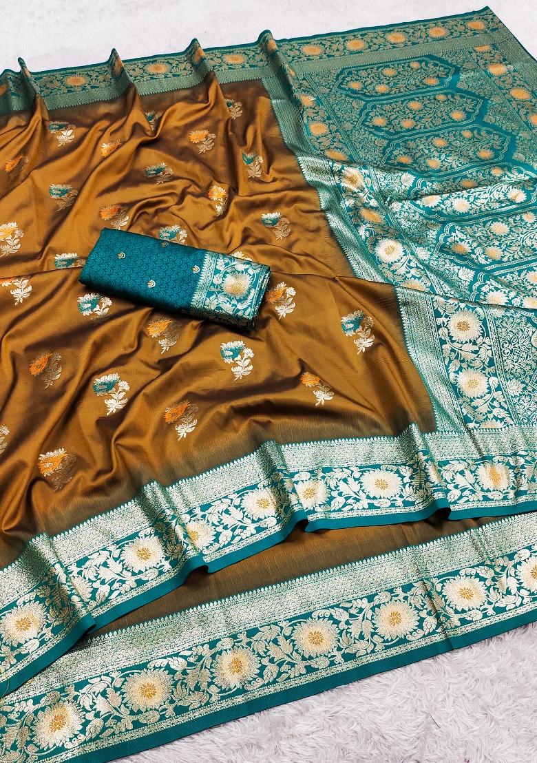 Mustard Woven Design Banarasi Saree Set - Indya