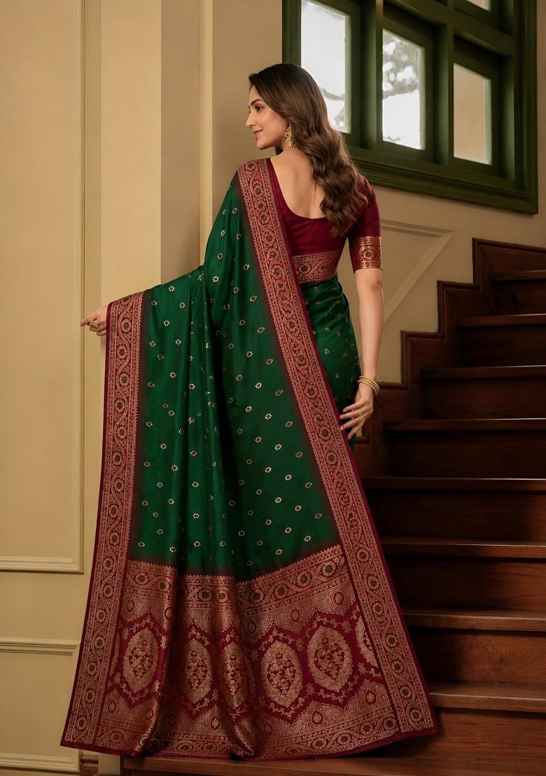 Green Woven Design Banarasi Saree Set - Indya