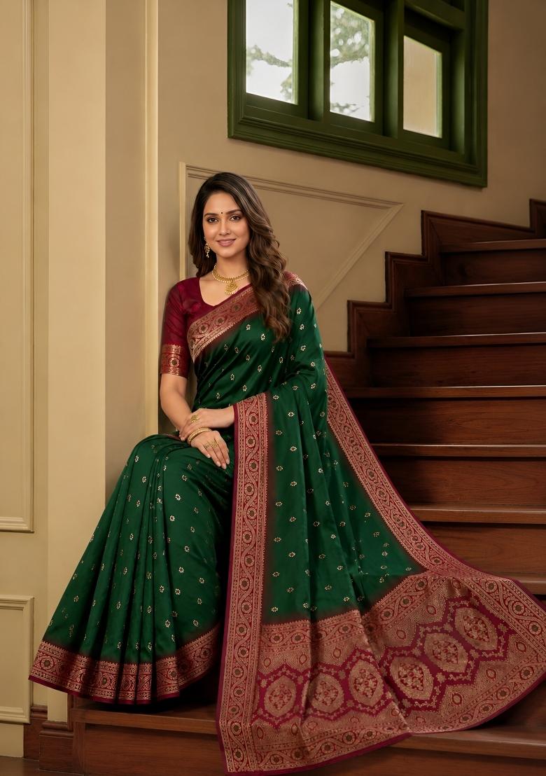 Green Woven Design Banarasi Saree Set - Indya