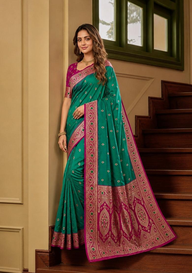 Sea Green Woven Design Banarasi Saree Set - Indya