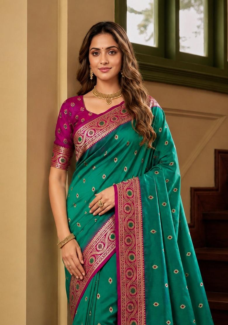 Sea Green Woven Design Banarasi Saree Set - Indya