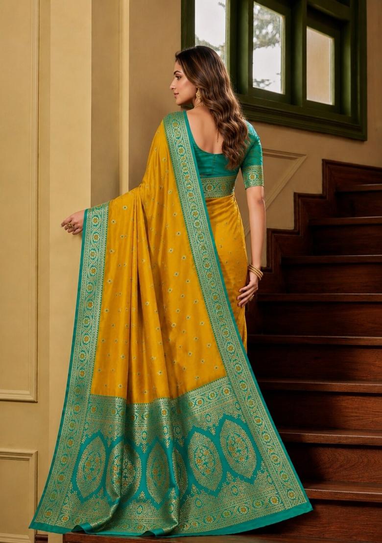 Yellow Woven Design Banarasi Saree Set - Indya