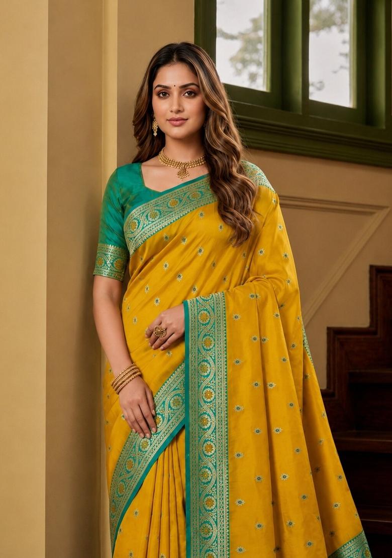 Yellow Woven Design Banarasi Saree Set - Indya