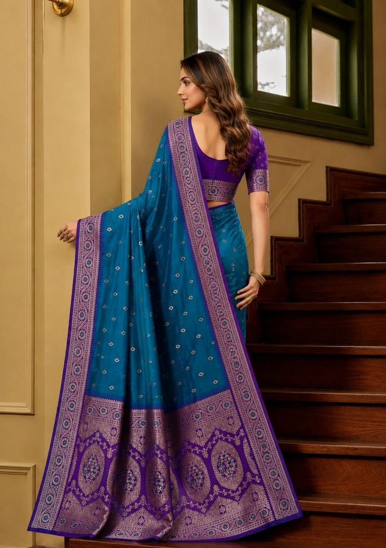 Teal Woven Design Banarasi Saree Set - Indya